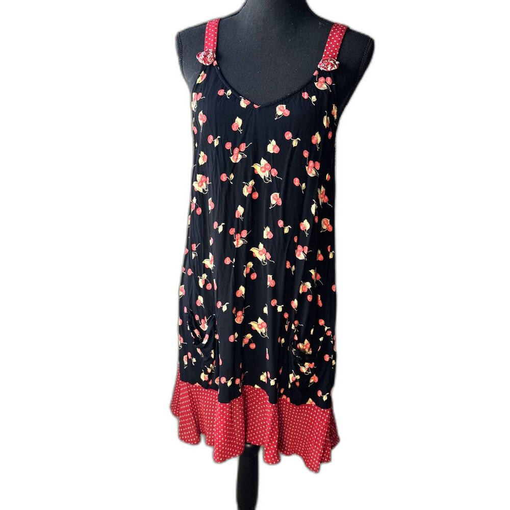 Vintage cherry print rayon overall dress polka dots pockets (10517)